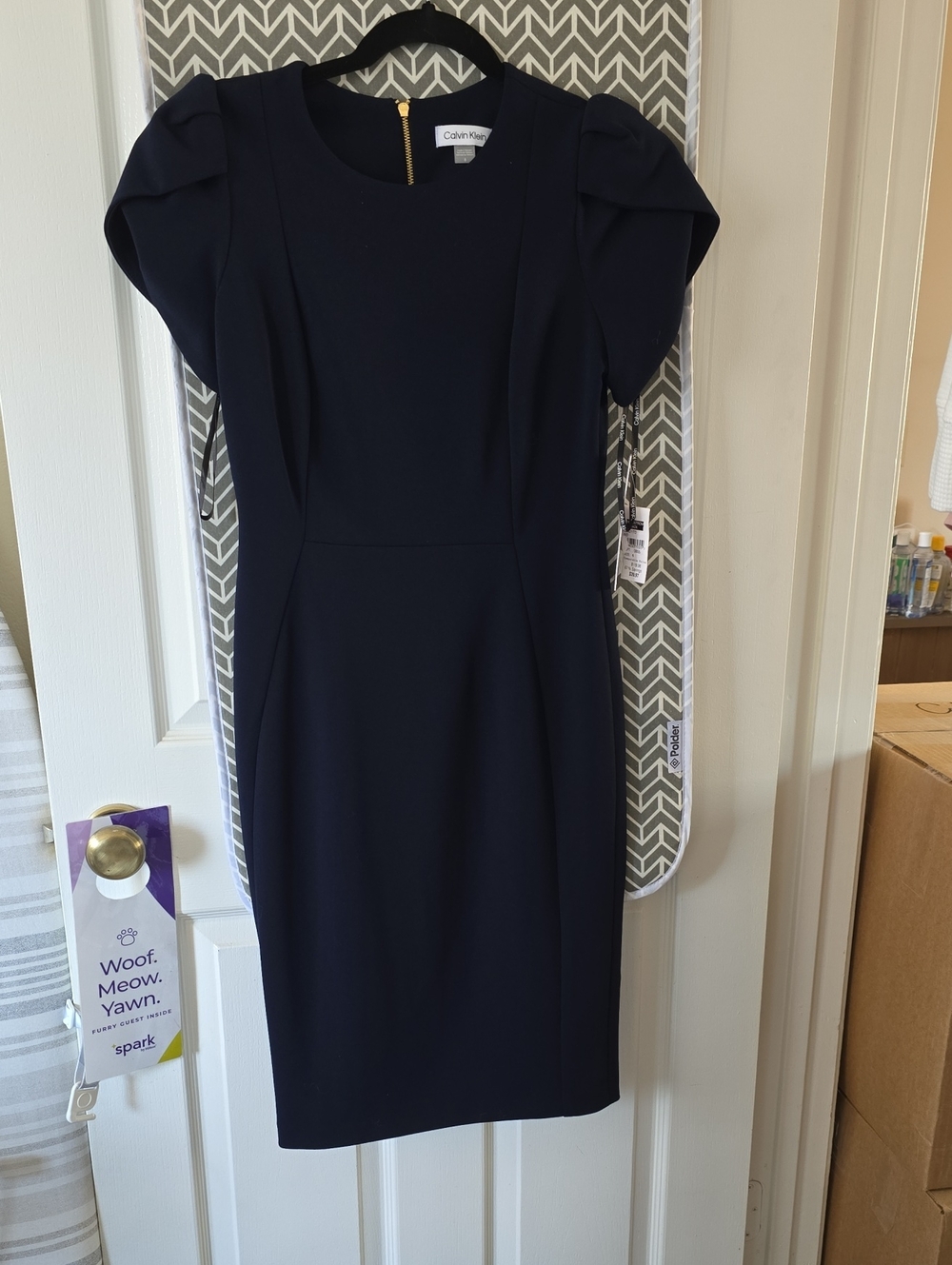 Calvin Klein Dark Navy Puff-Sleeve Sheath Midi Dress